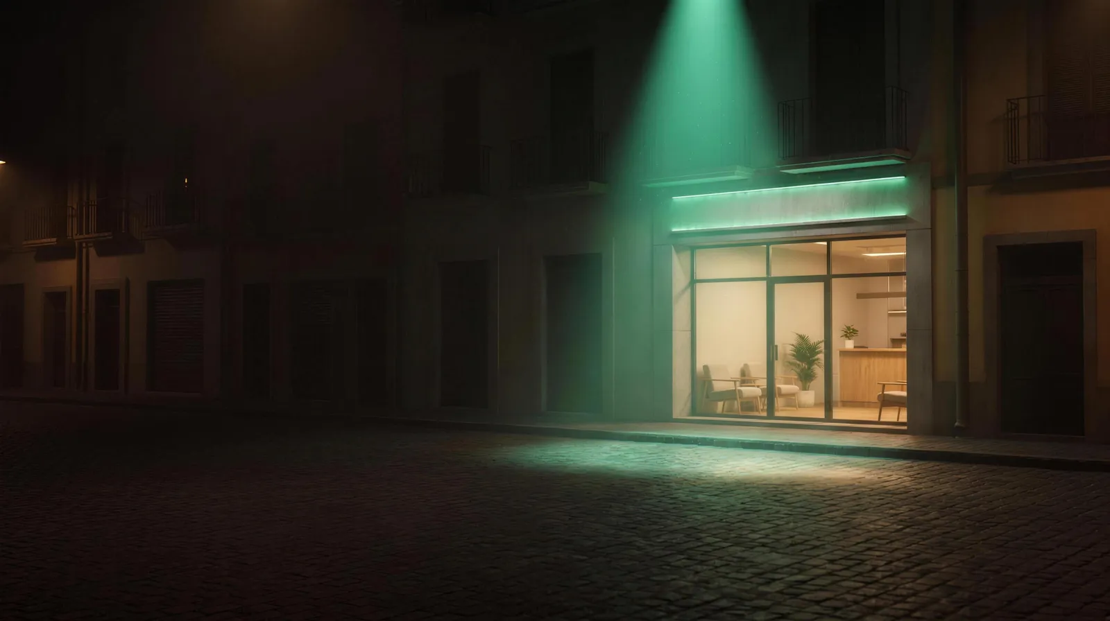 Una fila de negocios a oscuras; solo uno está encendido por un reflector verde: el que la gente encuentra